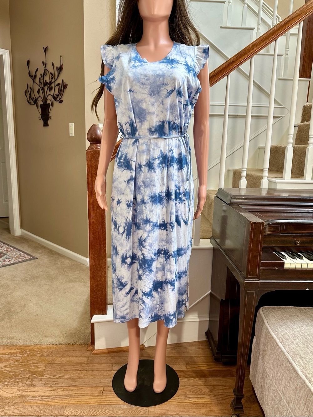 Blue Tie-Dye Midi Dress with Ruffled Sleeves
